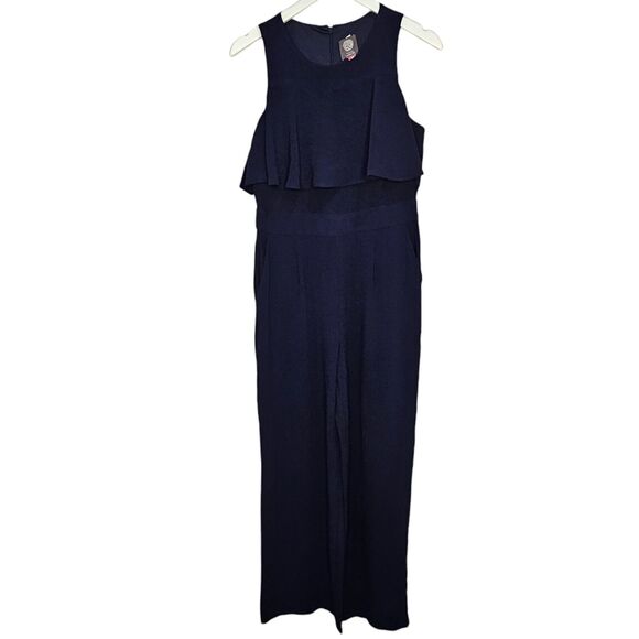 Vince Camuto Wide Leg Ruffled Jumpsuit Navy Size 8 Wide Leg Formal Corpcore - Picture 3 of 9